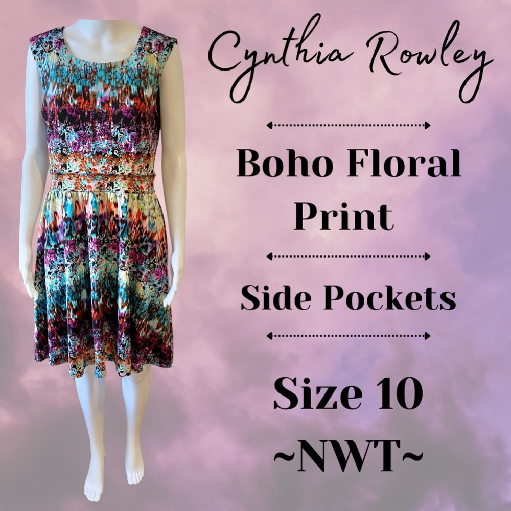 Cynthia Rowley Floral Boho Abstract Sleeveless Pockets Women Juniors Dress